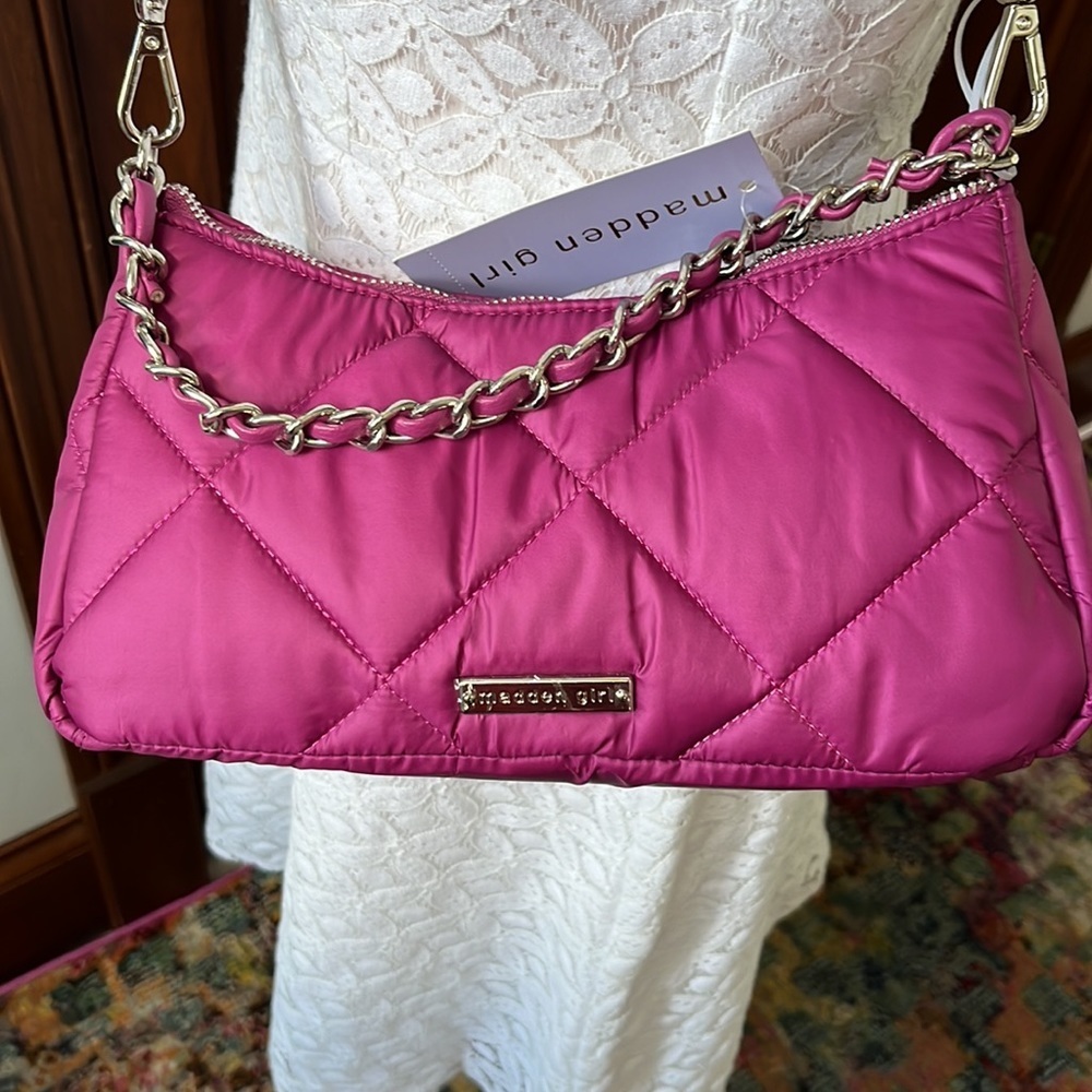 Madden girl  crossbody bag, Raspberry quilted nylon silver tone accents   NWT